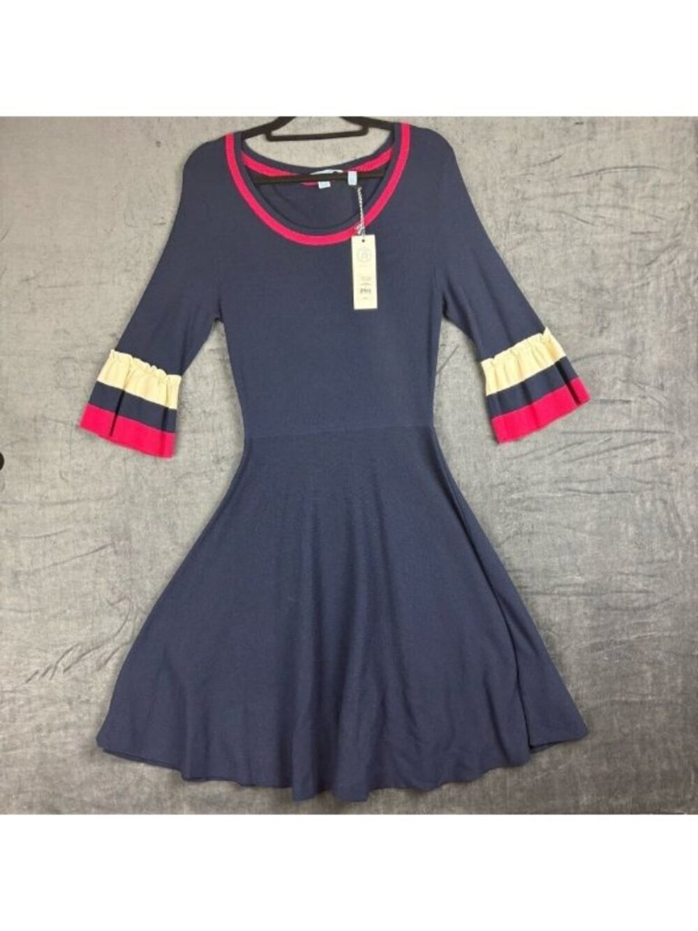 Draper James Red, White & Navy knit fit-flare Dress with 3/4 sleeve with ruffle